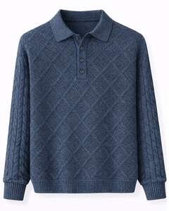 Suéter de Lana con Cuello Polo Azul para Hombre, Tejido de Cable, Manga Larga, Invierno, Suave, Cálido, Texturizado, Estilo Casual Clásico - Product Image 1