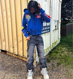 Vente en gros OEM Custom Vintage Distressed Sweat à capuche-Acid Wash Graphic Embroidery Oversized Zip Up Streetwear pour hommes - Product Image 5