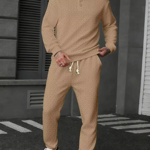 Ensemble deux pièces pour homme, streetwear élégant, printemps automne, décontracté, couleur unie, texture, polo et pantalon, costumes pour homme - Product Image 1