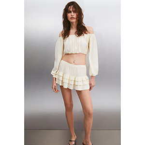 ETHIQUET CALANTHE Bustier court élastiqué pour femme en tissu crêpe froissé tissé à épaules ouvertes - Product Image 3