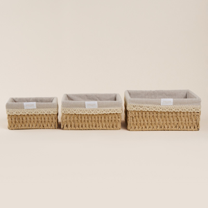 Rectangular Handwoven Seagrass Storage <b>Baskets</b> with <b>Linen</b> Lining and Lace Trim - Product Image 2
