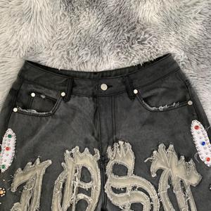 DENIMGUYS, pantalones cortos de mezclilla holgados de verano personalizados para hombre, lavado ácido de algodón informal con apliques bordados, estilo de calle con diamantes de imitación - Product Image 3