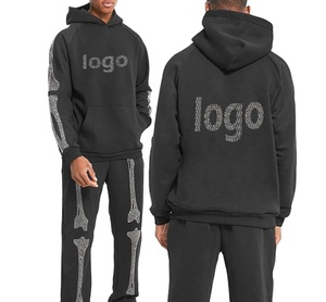 Pantalones de chándal personalizados, chándal de lavado ácido, chándal con diamantes de imitación, Sudadera con capucha y pantalones de chándal acampanados, conjunto de chándal de alta calidad - Product Image 1