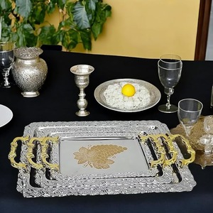 Ornate <b>Silver</b> Gold Nesting Stainless Steel Serving Tray <b>Set</b> Embossed Border Grape Pattern Decorative <b>Tea</b> Coffee Platter Wedding - Product Image 5