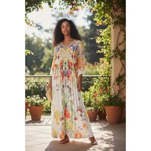 Robe maxi longue à imprimé floral pour femmes avec col en V, taille naturelle, tissu lavable - Vêtement décontracté pour les vacances d'été - Product Image 2