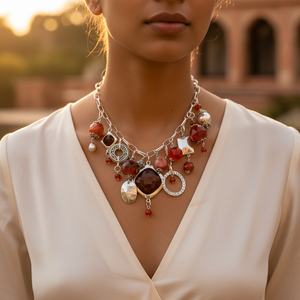 Collier en pierre précieuse de cornaline argentée pour femmes, bijoux religieux avec perle d'eau douce pour une fête ou un cadeau - Product Image 1