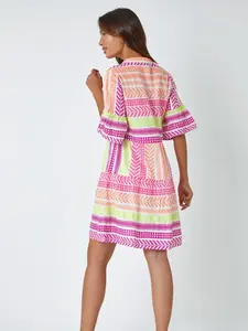 V-Weaving Texture Indian Handcrafted Summer Casual and Resort, Beach Wear Vestido corto para mujeres Cuello en V, Vestido corto de manga de campana - Product Image 3