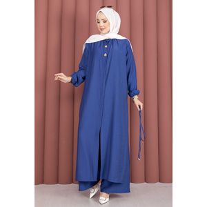 Conjunto de Túnica Larga Azul Marino de Crepé con Cuello Mao con Cordones, Estilo Casual - Product Image 5