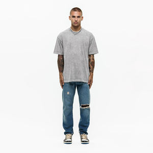 T-shirt à manches courtes personnalisé à double épaisseur et délavé à l'acide pour hommes, imprimé graphique fissuré, Streetwear vintage, t-shirt surdimensionné au design vierge - Product Image 6