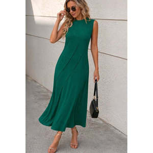 Women's Sleeveless Crew Neck Long <b>Viscose</b> <b>Dress</b> with Front Ribbing, 35907 - Green - Product Image 3