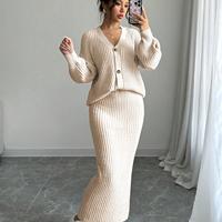 Ensemble pull et pantalon en maille décontracté pour femme, col en V, boutonné, longueur cheville, blanc, anti-plis, collection hiver