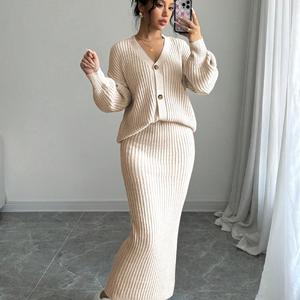 V Neck <b>Knit</b> Outfit <b>Set</b> Women's Sweater <b>Set</b> Size S Color White - Product Image 3