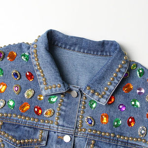 Veste en jean bleu pour femmes avec plusieurs accents de fermeture éclair, veste en jean courte de style moto, vêtements d'extérieur tendance, veste à manches longues pour femmes - Product Image 3