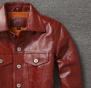 Real Top Grade Leather Jacket Men Genuine New Wine <b>Red</b> Oil Wax Cowhide Short Motorcycle Leather Jackets for Men Slim Coats - Product Image 5