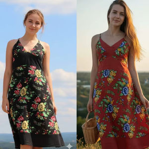 Robe décontractée pour femme, douce, à fleurs, mi-longue, en coton, col en V, silhouette trapèze, 100% coton satiné, confortable, coupe décontractée - Product Image 1