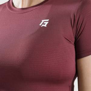 W024 Cropped Half Sleeve Spandex Tee Maroon Breathable Lightweight Workout Fitness Fashion Front Logo Print Recyclable Seamless - Product Image 6