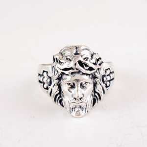Anillo de latón con rostro de Jesús, chapado en plata, de moda, cristiano, religioso, sagrado, para hombre, joyería llamativa, espiritual, al por mayor - Product Image 1
