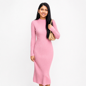 Vestido ajustado de punto acanalado para mujer, estilo sencillo, con abertura, opción de manga larga o corta, vestido midi, excedente de exportación a granel, hecho en Bangladesh - Product Image 5