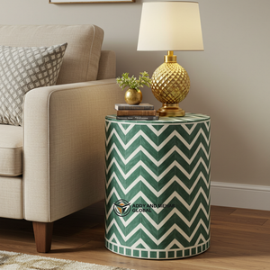 Mesa Auxiliar de Madera con Incrustaciones de Hueso, Diseño Moderno y Ecológico con Patrón Chevron para Dormitorio y Sala de Estar - Product Image 1