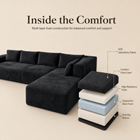 Canapé d'angle moderne en mousse compressée sous vide avec chaise longue, assise profonde en tissu velours côtelé pour salon