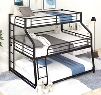 Lit superposé triple moderne en métal, robuste, avec échelle et barrières de sécurité, noir, pour appartement et chambre à coucher, sans sommier.