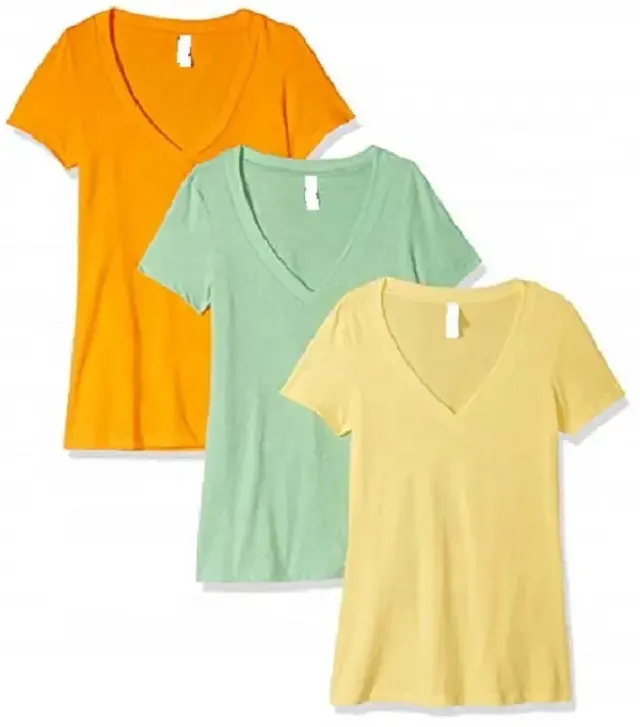 T-shirt uni à manches courtes et col en V de belles couleurs pour dames avec impression de logo personnalisée, taille et couleur à prix raisonnable