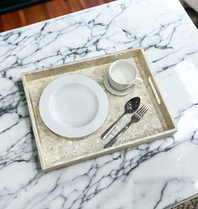 Plateau de service en bois rectangulaire fait à la main Flora Plats décoratifs de luxe occidentaux minimalistes Assiettes Incrustation d'os écologique Mère - Product Image 5