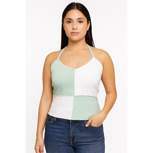 Top Halter acanalado con bloque de color para mujer - Product Image 1