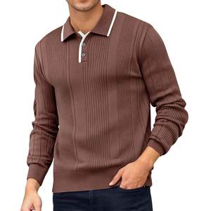 Polo de Manga Larga de Punto con Cuello en Contraste Marrón para Hombre, Logotipo Personalizado, Estilo Vintage de Alta Calidad, Jersey Informal - Product Image 1