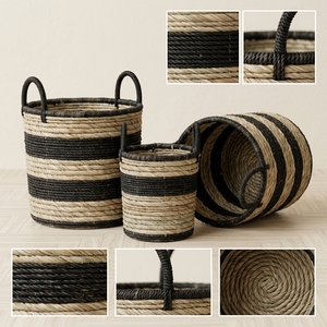 Natural Mendong Grass Recycled <b>Plastic</b> <b>Basket</b> Set Black Stripe Coiled Arch Handle Cylinder Pot Planter Pure Art Setup Room Craft - Product Image 3