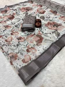 Tissu de crêpe en coton avec une belle impression de style Kalamkari HD Trending Bentex Zari Weaving Border pour les occasions de fête - Product Image 2