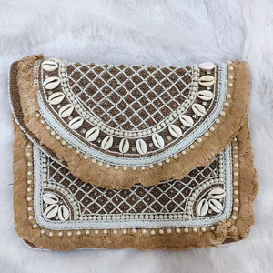 Bolso de Mano Tipo Clutch de Yute Estilo Bohemio, Cartera Larga con Bordado, Cierre, Cuentas y Borla de Concha para Mujer, de Fabricante y Proveedor Indio - Product Image 1