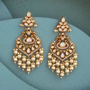 Auténticos Pendientes Kundan de Boda con Diseño Floral, Chapados en Oro y Estilo Victoriano, Joyería Cultural Coleccionable 147395 40g - Product Image 1