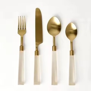 Mirrored Steel Metal Food Safe Flatware Set With Blue Enamel Handle <strong>2</strong> Spoon <strong>1</strong> Fork and <strong>1</strong> Knife Gold <strong>Cutlery</strong> Set <strong>in</strong> Acrylic - Product Image 4