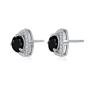 Handmade Design Sterling Silver <b>Black</b> Onyx Stud <b>Earrings</b> with CZ Halo - Gemstone Jewelry - Product Image 2