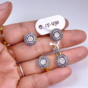 Ensemble de bijoux en argent 925 poli or avec diamants Polki, boucles d'oreilles/pendents/bagues - Product Image 2