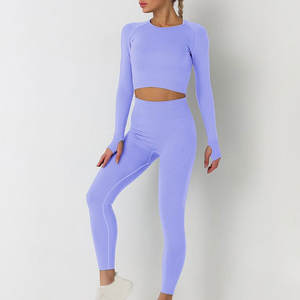 Ensemble de yoga 2 pièces en tissu spandex à manches longues et taille haute, design uni, ensemble de yoga en spandex 2 pièces - Product Image 3