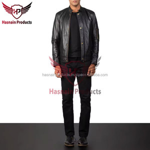 Veste en cuir véritable noir pour homme, fermeture à boutons-pression, poche zippée sur le bras, style Cafe Racer en peau de mouton, vêtement d'extérieur hivernal minimaliste personnalisé - Product Image 2