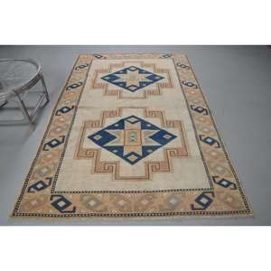 Alfombra Turca de 5.2x8.1 pies, Alfombra Grande Vintage, Alfombra Azul Marrón con Diseño de Parches - Product Image 1