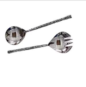 Cuchara y tenedor para servir ensaladas de metal chapado en oro con extremo de mango de ágata para cocina, hotel y fiestas, herramientas para ensaladas - Product Image 4