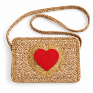 Bolso Bandolera Cuadrado de Yute Natural Ecológico Personalizable con Patrón de Letras, Aplique de Corazón Rojo y Rayos Dorados, Venta al Por Mayor - Product Image 3
