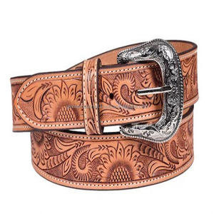 Personalized Genuine Leather Western Hand Tooled & Hand Painted Sunflower Design Floral Carving <b>Cowboy</b> <b>Belt</b> Removable Buckle - Product Image 4