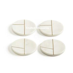 Meilleure vente Ensemble de 4 sous-verres ronds faits à la main en marbre blanc de qualité supérieure avec motifs en laiton pour l'approvisionnement mondial - Product Image 6