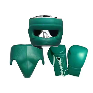Hombres jóvenes luchadores personalizados 100% conjuntos de boxeo de cuero genuino guantes de perforación protector de ingle protector de cabeza conjuntos de 3 piezas personalizados - Product Image 5