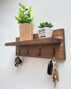 Modern two-tone oak and black wooden key holder with <b>shelf</b>. Minimalist entryway decor available at wholesale prices. - Product Image 3