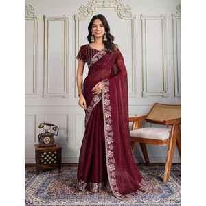 ส่าหรีสำหรับงานแต่งงานผ้าชีฟองเนื้อนิ่มแบบพรีเมี่ยมพร้อม C pallu งานปักลายทั้งหมดกับงานสวารอฟสกี้ - Product Image 1