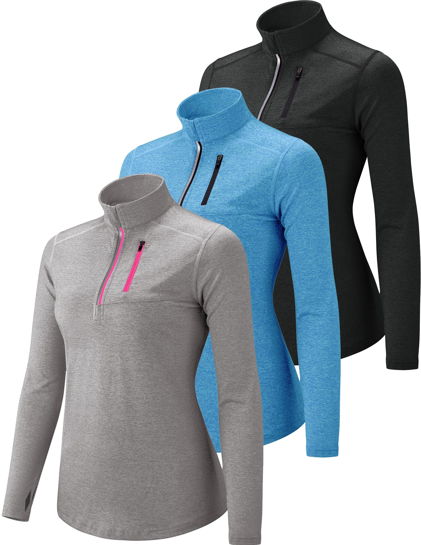 Liberty Imports Unisex 3-Pack Solid Quick Dry Breathable High Neck Long Sleeve Training T-Shirts Half Zip Thumbholes Pocket