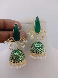 Gold Teardrop Stone <b>Jhumka</b> Blossom <b>Earrings</b> Set Smooth and Glossy with Unique Bezel Frame Ornamentation Fashion Drop <b>Earrings</b> - Product Image 2