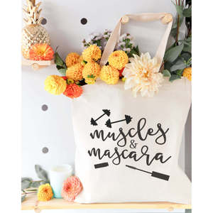 Solid Color Gym Cotton Canvas Tote Bag with Open Closure Muscles and Mascara Design - Product Image 3
