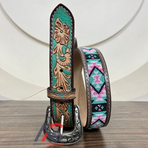 Ceintures perlées en cuir usiné à la main de mode directe d'usine en gros pour hommes et femmes ceintures à boucle ardillon en alliage de cuir de vachette véritable - Product Image 1